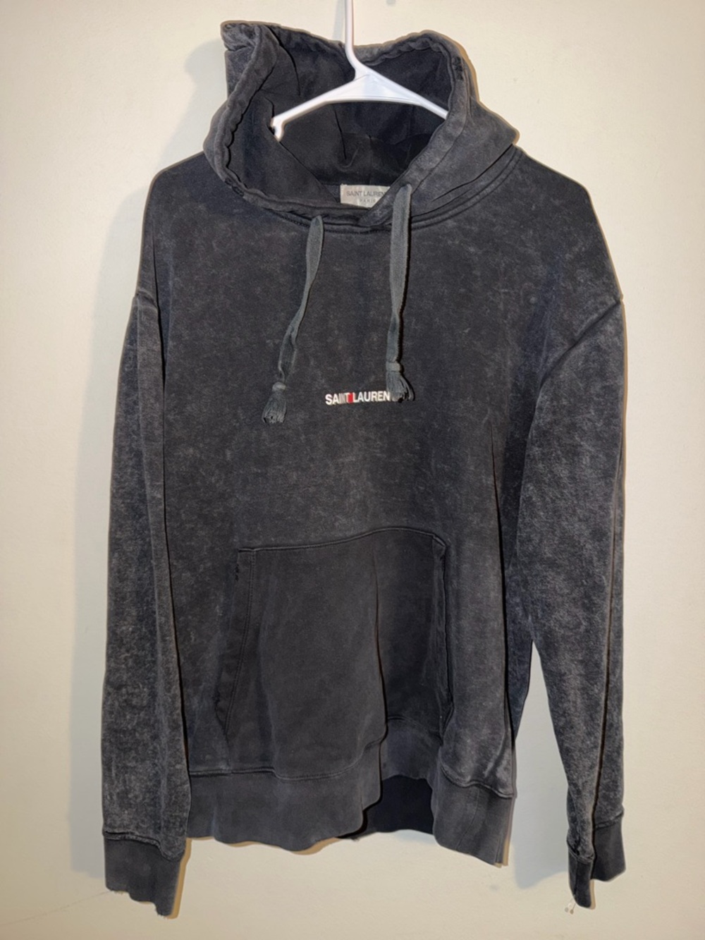 Saint Laurent Washed distressed Black Pullover Hoodie with Subtle Logo